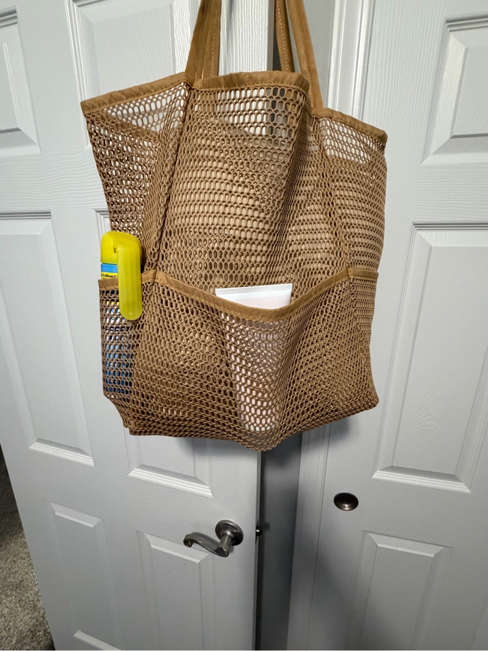 Tan Mesh Tote Bag with Exterior Pockets - Versatile Everyday Carry